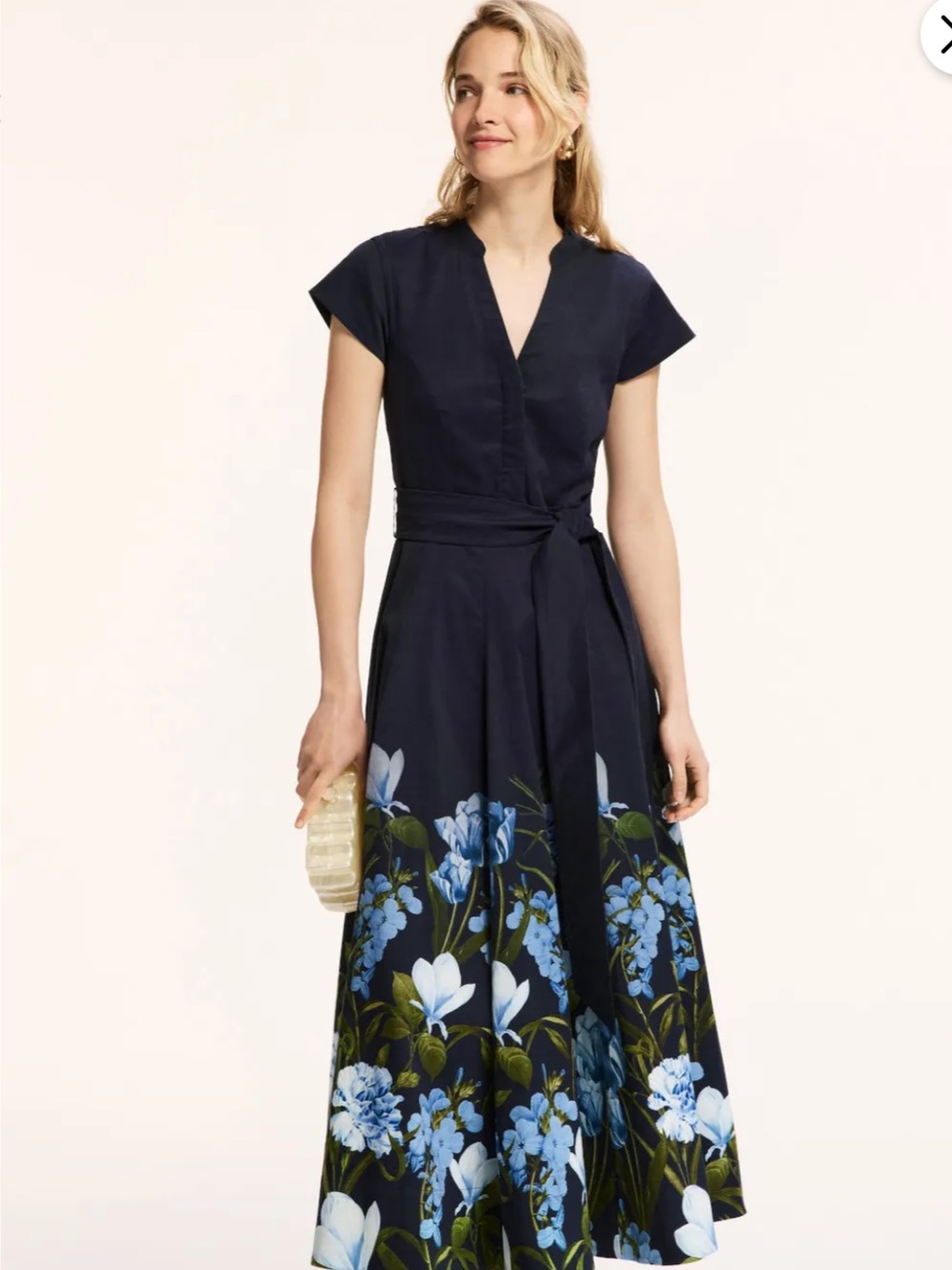 Sachin & Babi Ganika Floral Midi Dress Navy Blue Belted Size 6